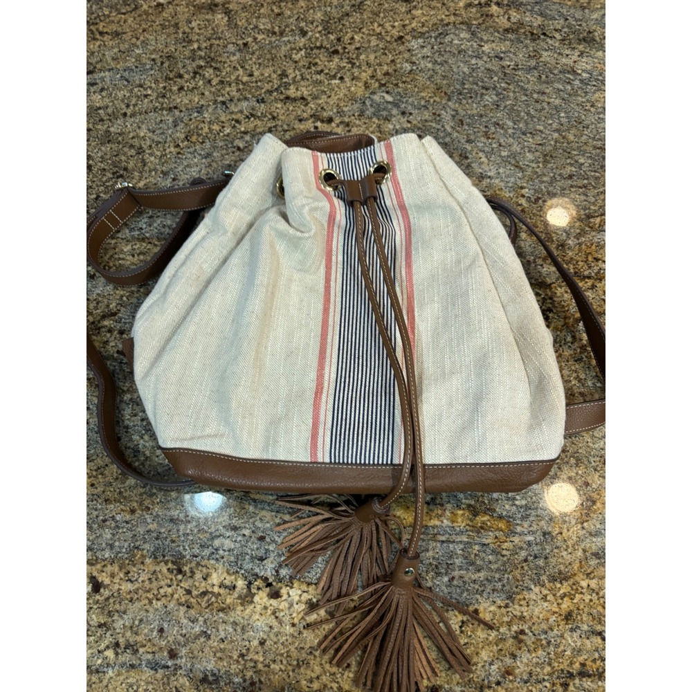 Splendid Striped Canvas Bucket Bag Backpack‎ Brown Leather Trim Tassel MSRP $158